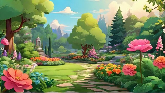 Free Beautiful green garden cartoon background illustration Generative AI
