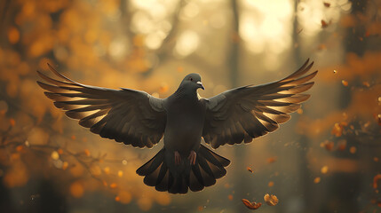 a pigeon in flight with trees background, dynamic pose