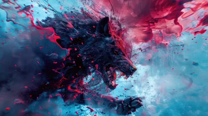 Fotobehang Surreal Wolf Explosion in Vivid Red and Blue Abstract Art, werewolf attack human fighter © Viktorikus