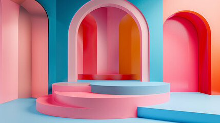 カラフルな幾何学的背景の3D背景画像。淡いピンクと紺碧のスタイル。
3d image with colorful geometric backgrounds.  Style of light pink and azure. [Generative AI]