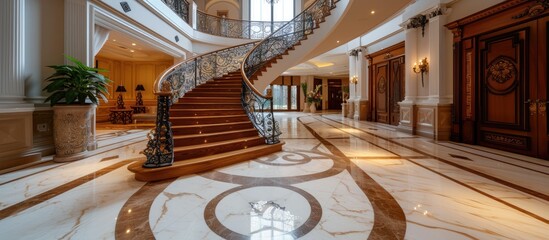 Marble-floor interior with a spiral staircase and classy wrought iron balusters, adorned with...
