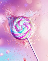 A colorful spiraling candy surrounded by a dynamic liquid splash on pink background