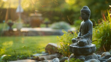 Peaceful Outdoor Garden with Single Buddha Statue