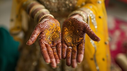 A Bride's Hands Showing Henna And Haldi - obrazy, fototapety, plakaty