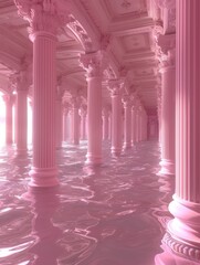 Artistic rendition of a classical columned hallway in pink hues