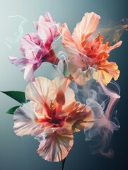 Flowers overlaid with colorful smoke creating an abstract art