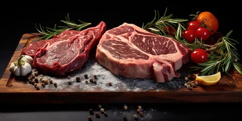 slices of roast beef on a fresh red table, processed roast beef and so, there is empty space for text, greetings, wallpaper, posters, advertisements, etc