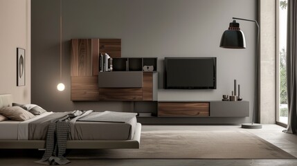 Stylish and Compact Minimalist Bedroom with Wall-Mounted TV and Storage Compartments