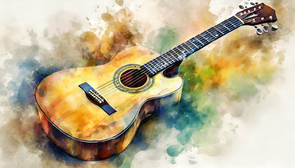 abstract acoustic guitar watercolor on digital art concept.
