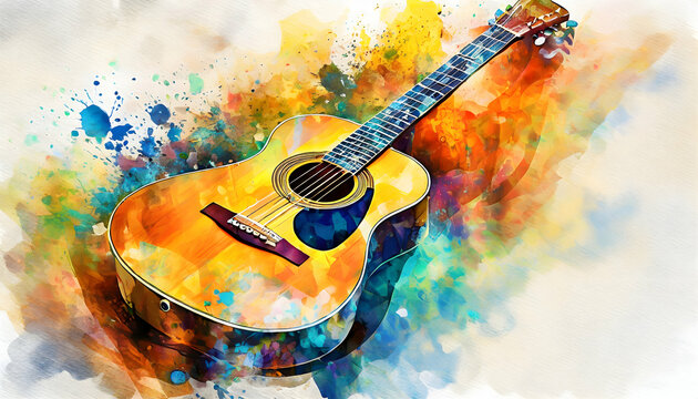 abstract acoustic guitar watercolor on digital art concept.