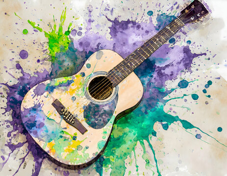 abstract acoustic guitar watercolor on digital art concept.