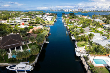 North Miami, Florida, USA - Aerial view of luxurious houses along a canal in Keystone Islands, with...