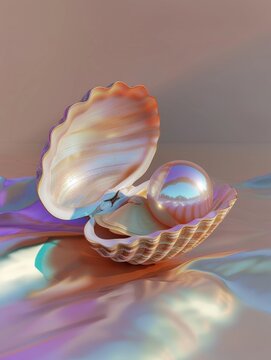 Shimmering pearl inside a seashell over pastel gradient background