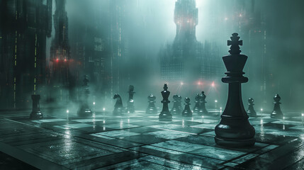 Futuristic dark gothic city with large misty chess themed center square architecture  - obrazy, fototapety, plakaty