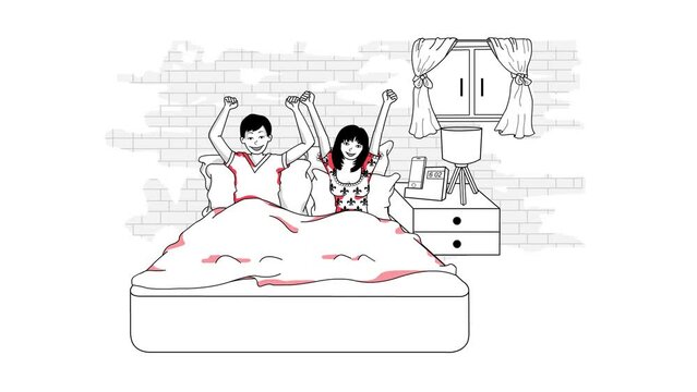 Animation of a couple lying together in bed and waving their hands.
