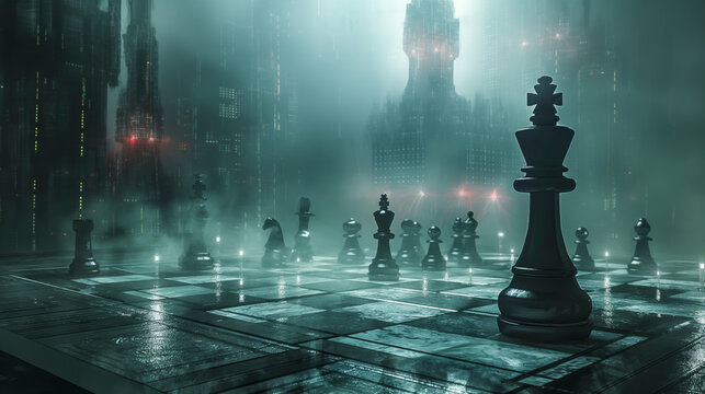 Futuristic dark gothic city with large misty chess themed center square architecture 