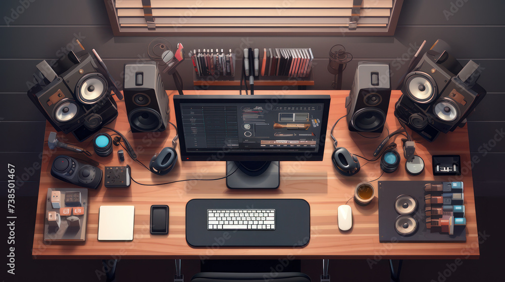 Aufkleber set up pc computer monitor screen on work desk, seen from above flat lay style, technology backgroun