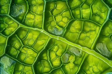 Ultra zoom on plant leaf stomata, vibrant green colors, microscopic photography, detailed texture, stock photo look.