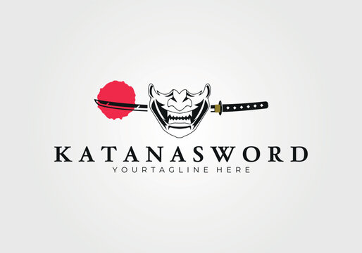 evil samurai with katana sword logo vector vintage illustration