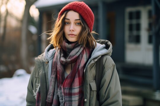 young beautiful hipster woman in hat and scarf in the city in winter