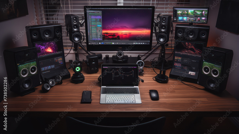 Poster set up pc computer monitor screen on work desk, seen from above flat lay style, technology backgroun