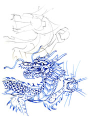 hand drawn sketch illustration of dragon pen drawing for illustration card decoration