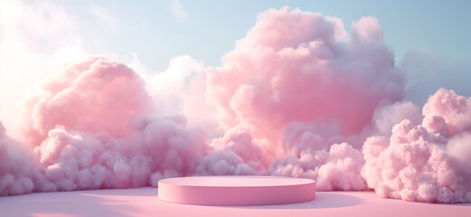 pink stand-podium for product presentation among pink romantic clouds