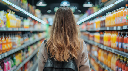 A photograph of a girl shopping in a supermarket and purchasing food from the store