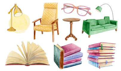 Nice cute and warm watercolor set of vintage hardcover books, desk lamp, book table, mustard chair, green couch, pair of eyeglasses and opened book with yellow pages