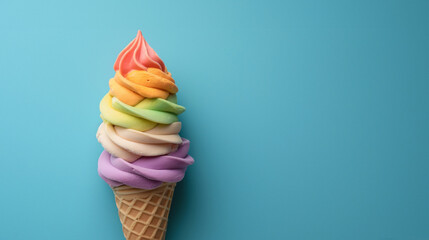 Rainbow colored ice cream in a cone on a blue background - obrazy, fototapety, plakaty