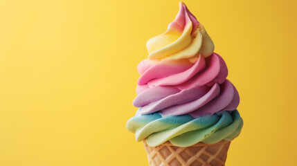 Naklejka premium Rainbow colored ice cream in a cone on a yellow background