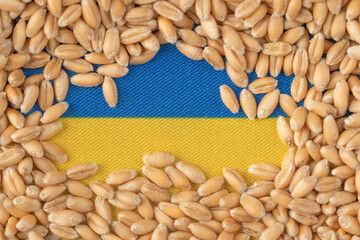 Wheat grains on the yellow and blue flag of Ukraine, Ukrainian grain crisis, global hunger crisis...
