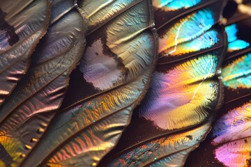 Close-up of butterfly wing scales, microscopic view, iridescent colors, detailed patterns, stock photo style.