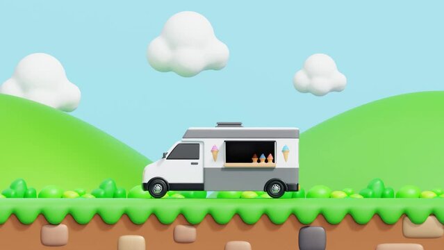 The Ice Cream Truck Drives Along Roads Amidst Green Mountains. 3D Animation