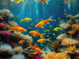 Fototapeta na wymiar glow vibrant color gold fish swim in the underwater