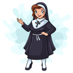 Cartoon happy beautiful nun waving hand