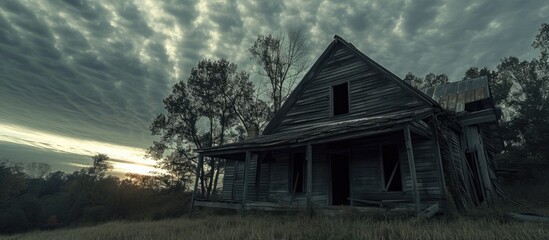 Haunted, decaying wooden structure with a slant