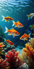 Fototapeta na wymiar glow vibrant color gold fish swim in the underwater