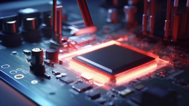 Precise solder being applied to the base of a computer component with a precision applicator in order to tightly bond it to the printed circuit board.