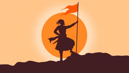 Fotobehang Chhatrapati Shivaji Maharaj holding flag in hand silhouette illustration with blank space for text © Kailash
