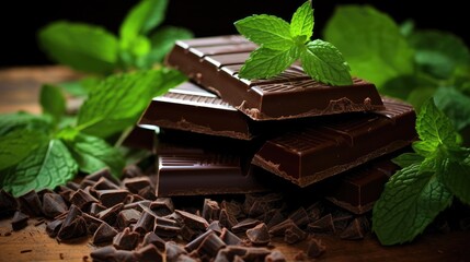 Indulge in rich dark chocolate with fresh mint, nestled on chocolate shavings. Ai Generated