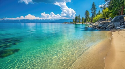 East Shore Beach, Lake Tahoe: calm turquoise waters under the sunny sky. Idyllic, Ai Generated.