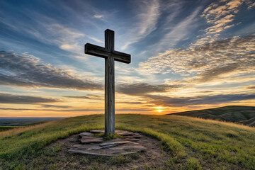 A rustic wooden cross, antiqued texture, weathered by time, standing alone on a barren hill under a cloudy sky, cast in the fading light of a setting sun Generative AI