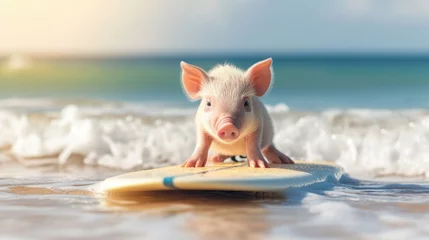 Fotobehang A cute pig surfer enjoys a fun-filled summer day at the beach, riding waves with enthusiasm, Ai Generated. © Crazy Juke