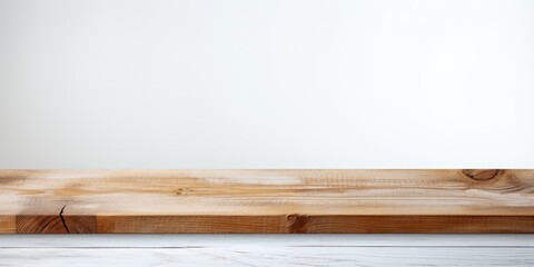 Wooden table top on abstract white background, panoramic banner - suitable for showcasing or creating product collages.