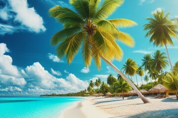 beach with palm trees and sea - obrazy, fototapety, plakaty