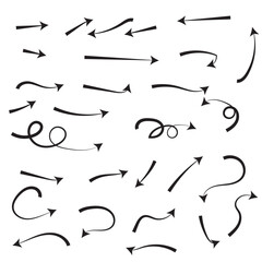 Super set different shape hand drawn arrows. Doodle style curved and squiggly arrows. Vector arrow design