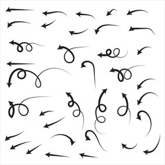 Super set different shape hand drawn arrows. Doodle style curved and squiggly arrows. Vector arrow design