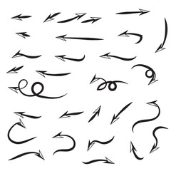 Super set different shape hand drawn arrows. Doodle style curved and squiggly arrows. Vector arrow design