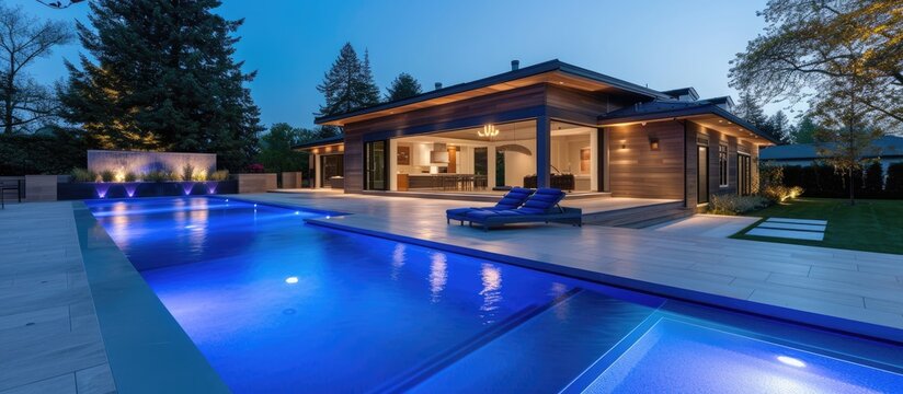 LED lighting enhances the beauty of the residential outdoor swimming pool and its poolside theme.